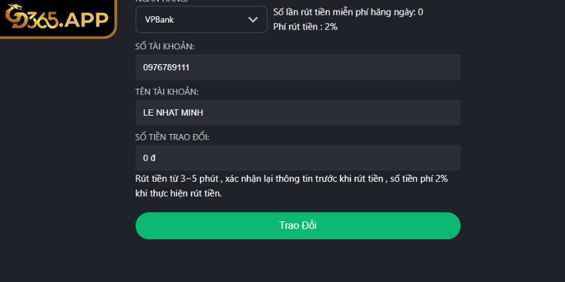 Điền đúng thông tin nạp rút tiền GD365