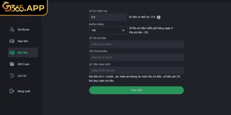 Hướng dẫn nạp rút tiền GD365 thao tác thu hồi thành quả